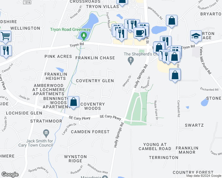 map of restaurants, bars, coffee shops, grocery stores, and more near 130 Longbridge Drive in Cary