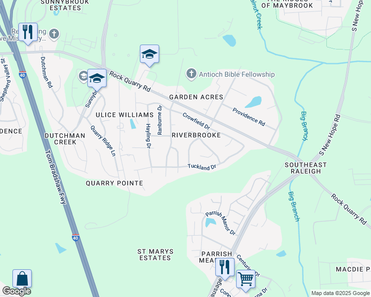 map of restaurants, bars, coffee shops, grocery stores, and more near 3104 Riverbrooke Drive in Raleigh
