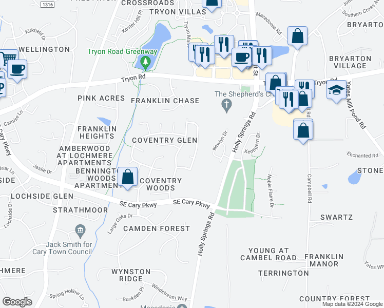 map of restaurants, bars, coffee shops, grocery stores, and more near 130 Longbridge Drive in Cary