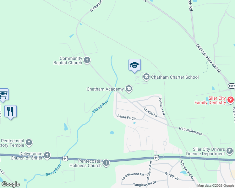 map of restaurants, bars, coffee shops, grocery stores, and more near 142 Santa Fe Circle in Siler City