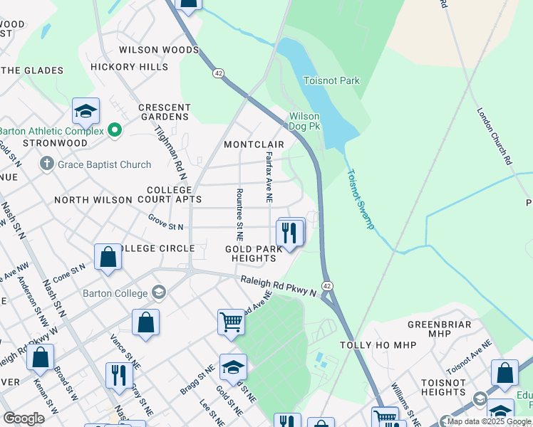 map of restaurants, bars, coffee shops, grocery stores, and more near 601 Fleming Street Northeast in Wilson