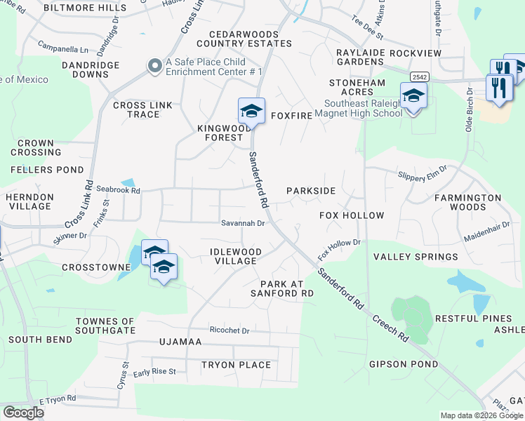 map of restaurants, bars, coffee shops, grocery stores, and more near 1413 Savannah Drive in Raleigh