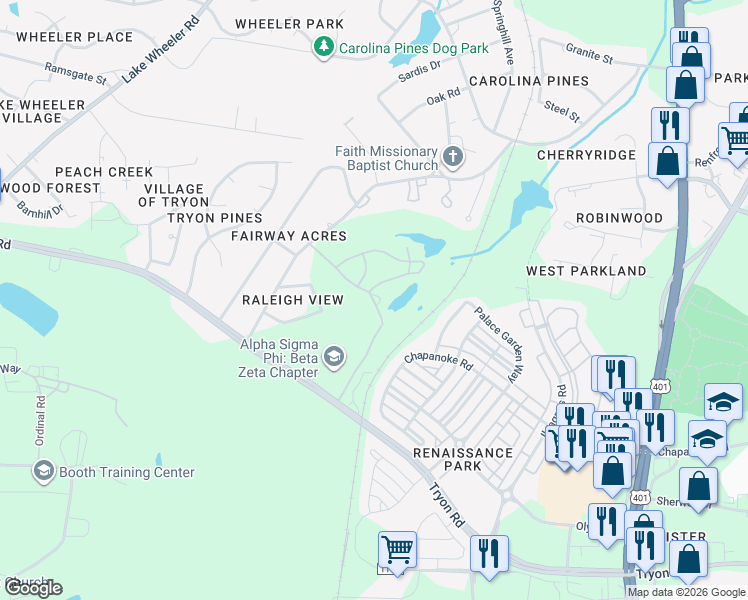 map of restaurants, bars, coffee shops, grocery stores, and more near 116 West Jones Street in Raleigh