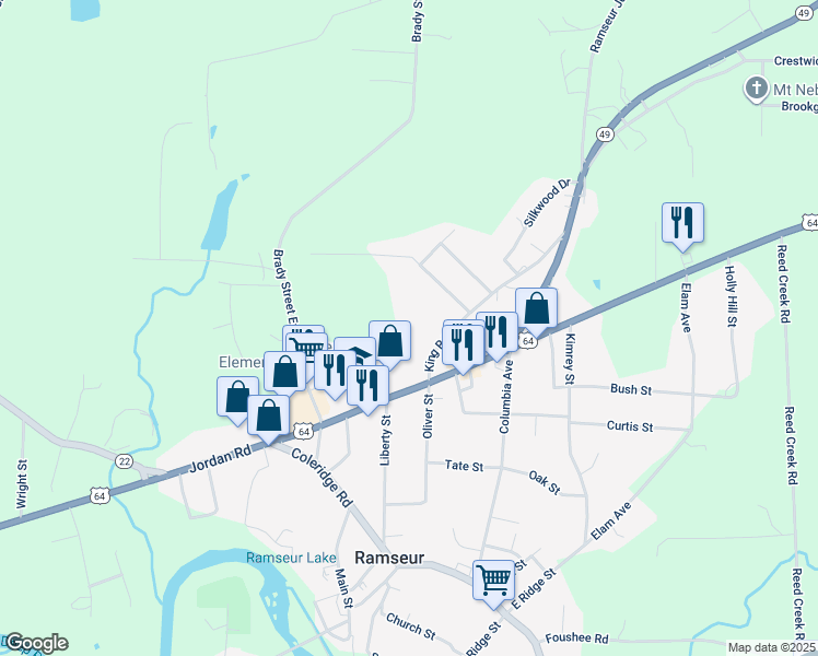 map of restaurants, bars, coffee shops, grocery stores, and more near 151 King Road in Ramseur