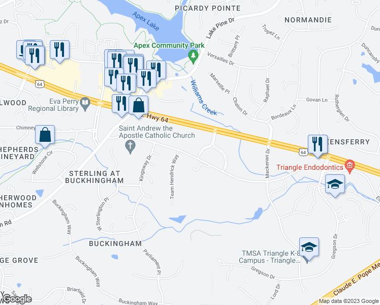 map of restaurants, bars, coffee shops, grocery stores, and more near 3306 Old Raleigh Road in Apex