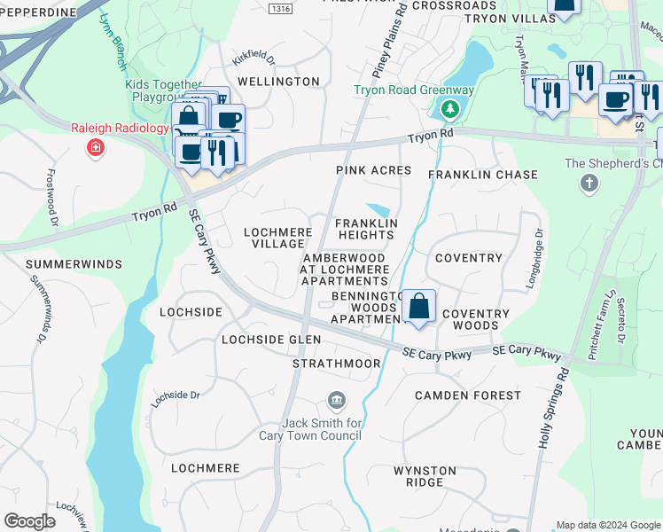 map of restaurants, bars, coffee shops, grocery stores, and more near 100 Ribbon Lane in Cary