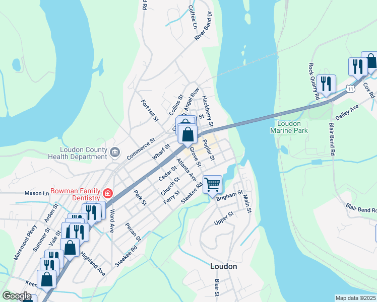 map of restaurants, bars, coffee shops, grocery stores, and more near 411 Mulberry Street in Loudon
