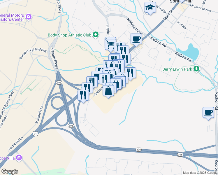 map of restaurants, bars, coffee shops, grocery stores, and more near 1001 Crossings Boulevard in Spring Hill