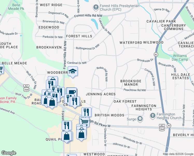 map of restaurants, bars, coffee shops, grocery stores, and more near 1106 Treemont Rd NW in Wilson
