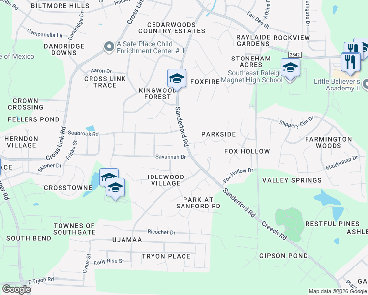 map of restaurants, bars, coffee shops, grocery stores, and more near 1413 Savannah Drive in Raleigh