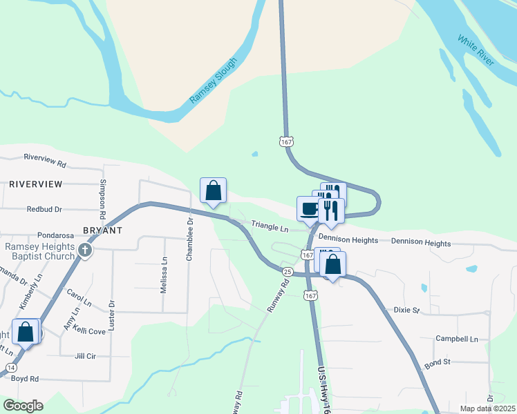map of restaurants, bars, coffee shops, grocery stores, and more near 150 Triangle Lane in Batesville