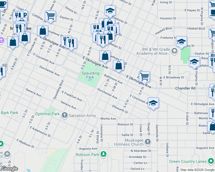 map of restaurants, bars, coffee shops, grocery stores, and more near 1221 East Cincinnati Avenue in Muskogee