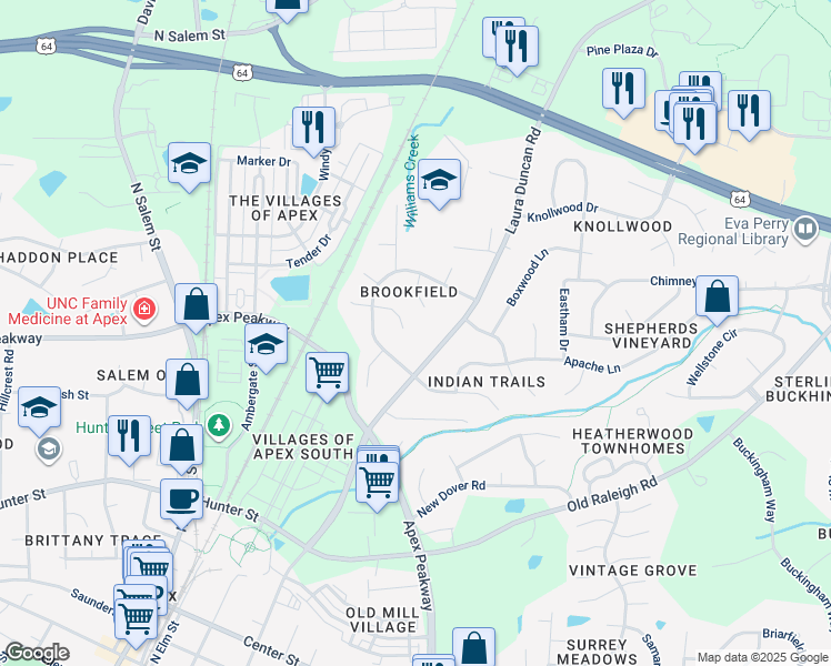map of restaurants, bars, coffee shops, grocery stores, and more near 1013 East Beechmont Circle in Apex