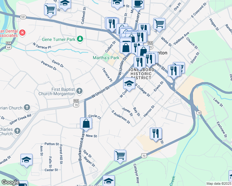 map of restaurants, bars, coffee shops, grocery stores, and more near 108 Lyman Court in Morganton