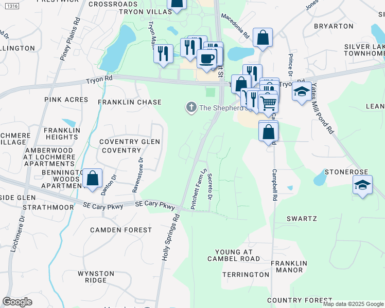 map of restaurants, bars, coffee shops, grocery stores, and more near 225 Fenella Drive in Raleigh
