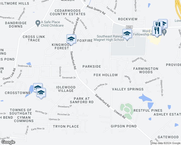 map of restaurants, bars, coffee shops, grocery stores, and more near 1709 Calypso Court in Raleigh