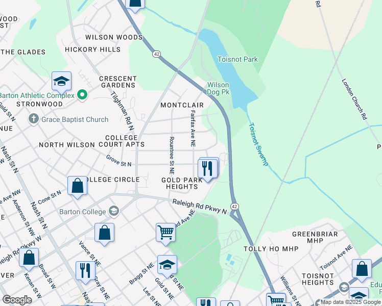 map of restaurants, bars, coffee shops, grocery stores, and more near 601 Fleming Street Northeast in Wilson