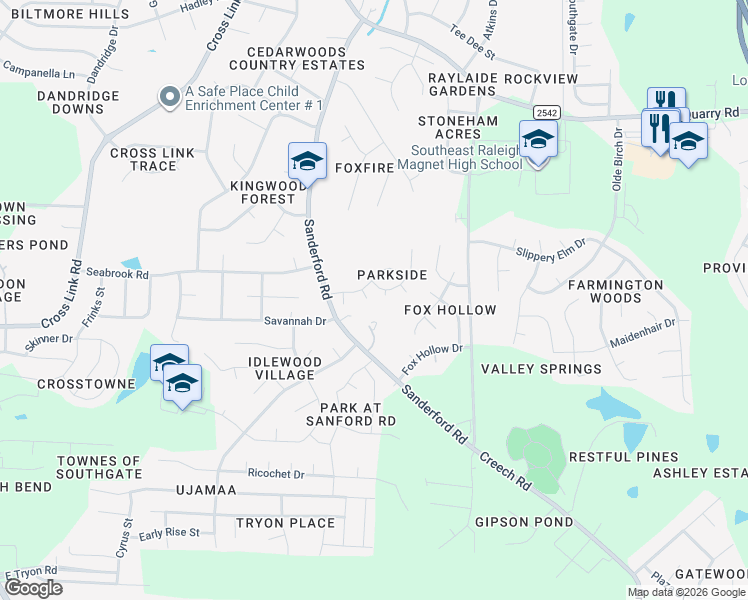 map of restaurants, bars, coffee shops, grocery stores, and more near 1709 Calypso Court in Raleigh