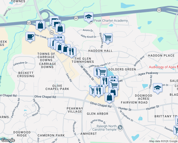 map of restaurants, bars, coffee shops, grocery stores, and more near 128 Wirks Worth Circle in Apex