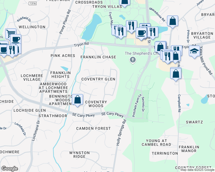 map of restaurants, bars, coffee shops, grocery stores, and more near 220 Ravenstone Drive in Cary
