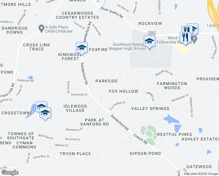 map of restaurants, bars, coffee shops, grocery stores, and more near 2808 Enka Drive in Raleigh