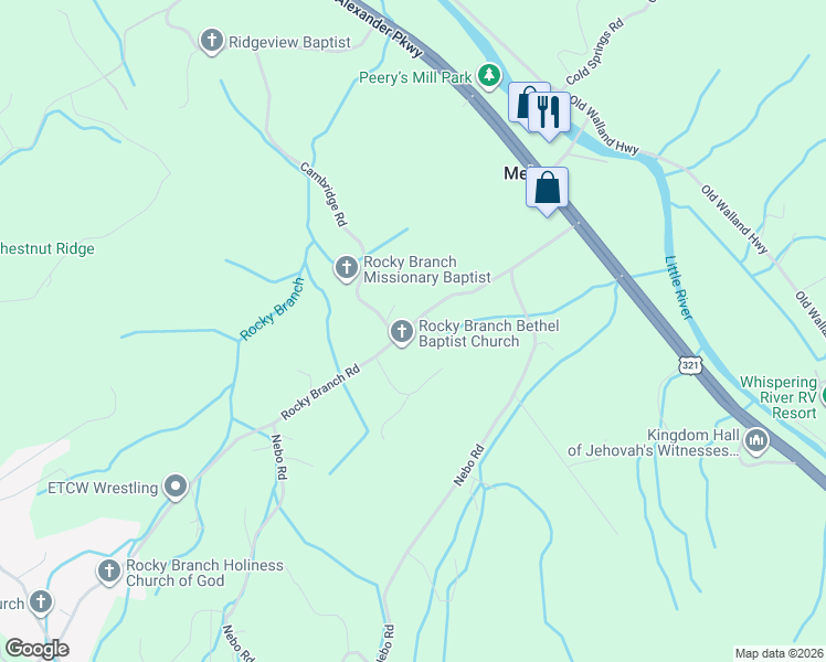 map of restaurants, bars, coffee shops, grocery stores, and more near 4502 Rocky Branch Road in Walland