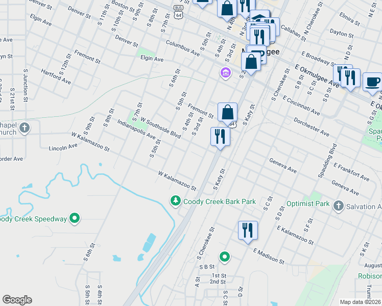 map of restaurants, bars, coffee shops, grocery stores, and more near 910 South 3rd Street in Muskogee
