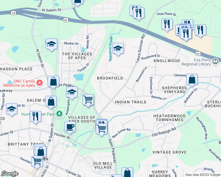 map of restaurants, bars, coffee shops, grocery stores, and more near 1013 East Beechmont Circle in Apex