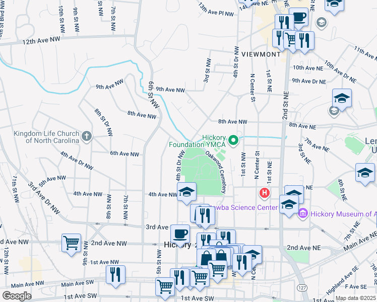 map of restaurants, bars, coffee shops, grocery stores, and more near 632 4th Street Drive Northwest in Hickory