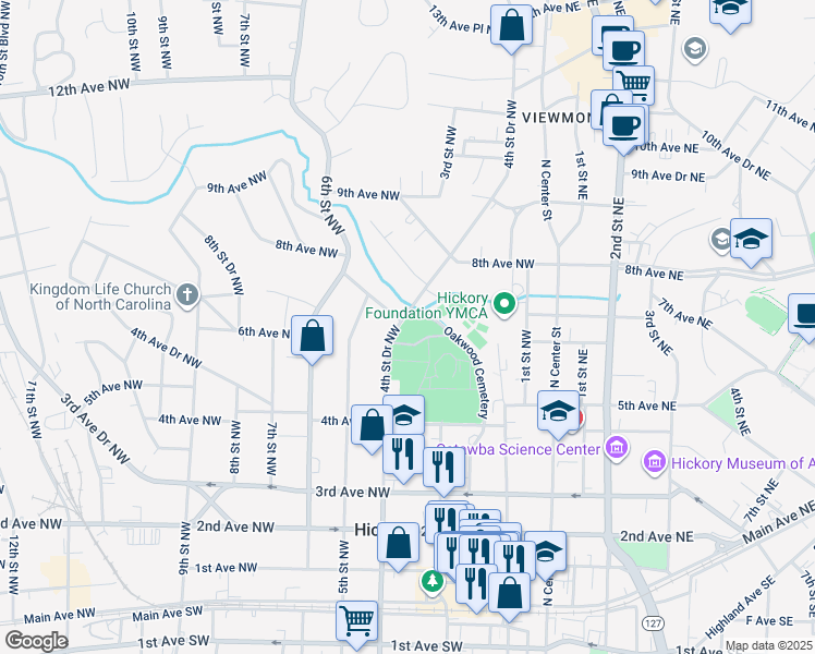 map of restaurants, bars, coffee shops, grocery stores, and more near 632 4th Street Drive Northwest in Hickory