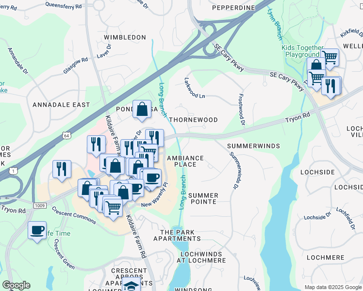 map of restaurants, bars, coffee shops, grocery stores, and more near 104 Ambiance Place in Cary