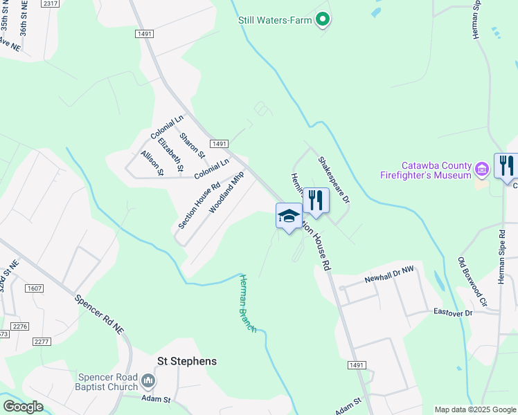 map of restaurants, bars, coffee shops, grocery stores, and more near 3953 Section House Road in Hickory
