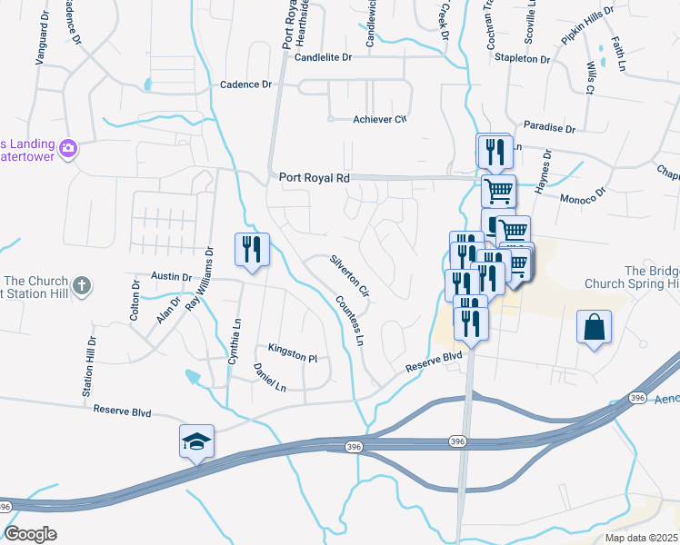 map of restaurants, bars, coffee shops, grocery stores, and more near 2023 Silverton Circle in Spring Hill