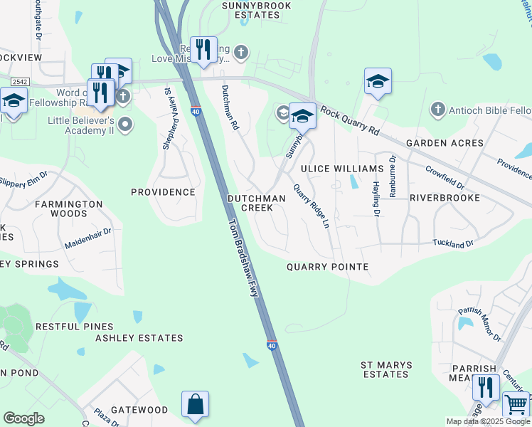 map of restaurants, bars, coffee shops, grocery stores, and more near 3714 Rivermist Drive in Raleigh