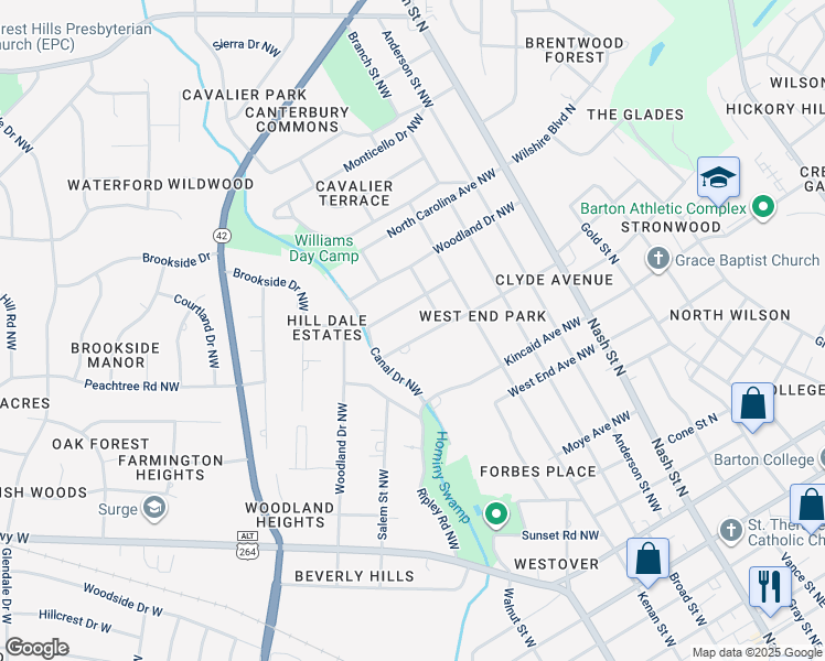 map of restaurants, bars, coffee shops, grocery stores, and more near 510 Clyde Avenue Northwest in Wilson