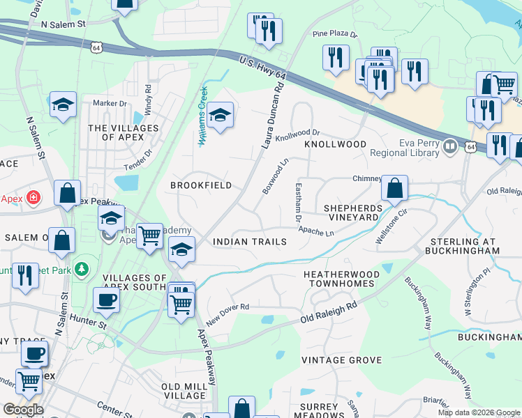 map of restaurants, bars, coffee shops, grocery stores, and more near 1102 Indian Trail in Apex