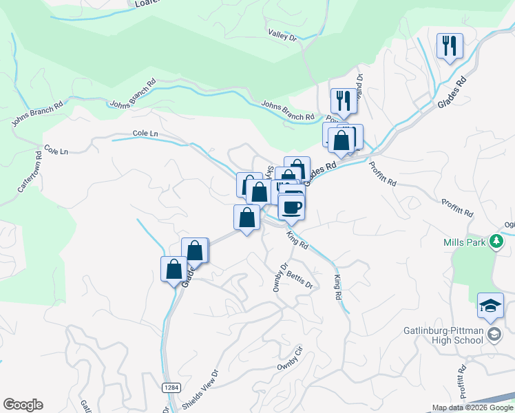 map of restaurants, bars, coffee shops, grocery stores, and more near 524 Parton Drive in Gatlinburg