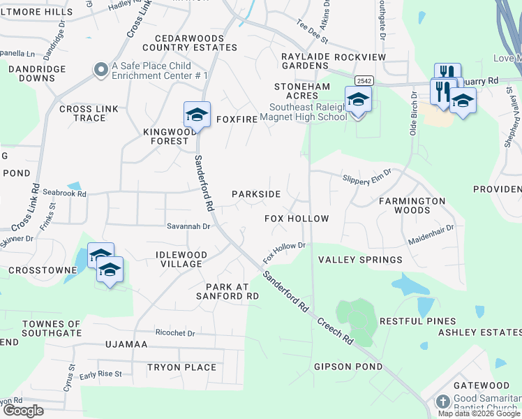 map of restaurants, bars, coffee shops, grocery stores, and more near 1709 Calypso Court in Raleigh