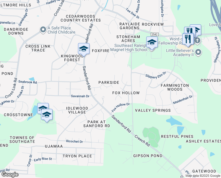 map of restaurants, bars, coffee shops, grocery stores, and more near 2804 Enka Drive in Raleigh