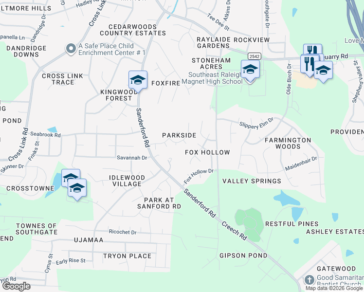 map of restaurants, bars, coffee shops, grocery stores, and more near 1709 Calypso Court in Raleigh