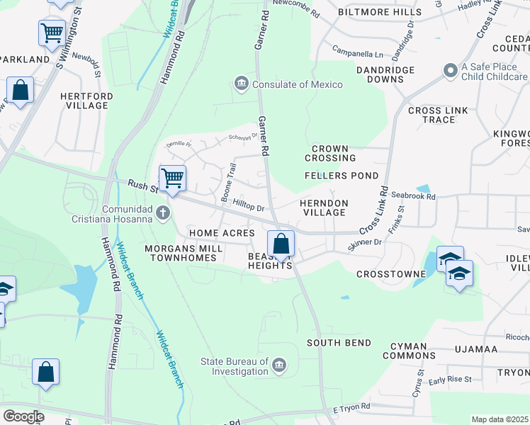 map of restaurants, bars, coffee shops, grocery stores, and more near 604 Rush Street in Raleigh