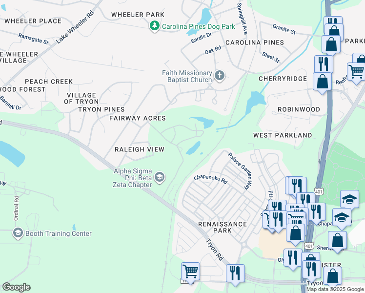 map of restaurants, bars, coffee shops, grocery stores, and more near 2805 Par Drive in Raleigh
