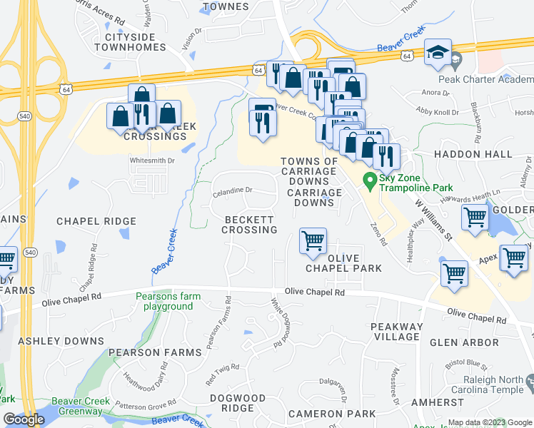 map of restaurants, bars, coffee shops, grocery stores, and more near 1206 Fairfax Woods Drive in Apex