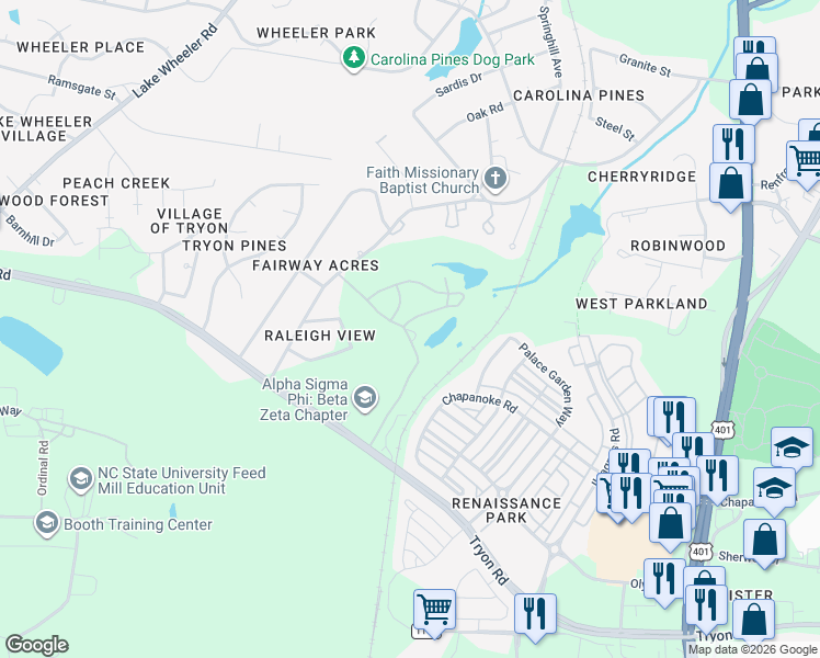 map of restaurants, bars, coffee shops, grocery stores, and more near 2805 Par Drive in Raleigh