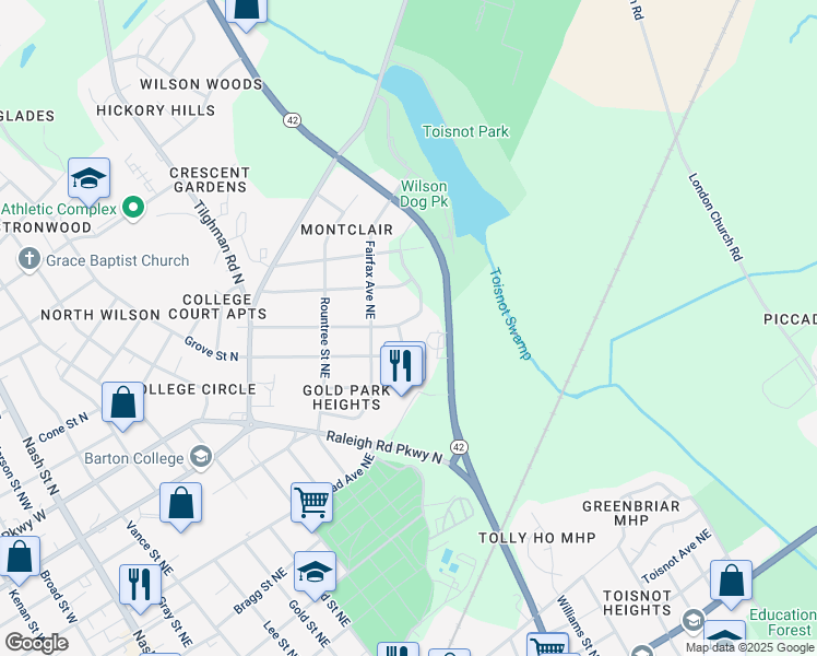 map of restaurants, bars, coffee shops, grocery stores, and more near 501 Grove Street Northeast in Wilson