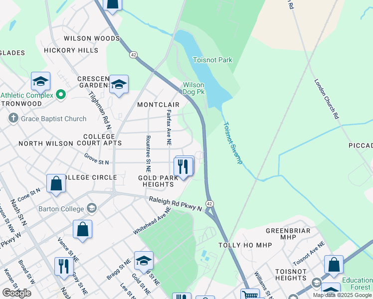 map of restaurants, bars, coffee shops, grocery stores, and more near 501 Grove Street Northeast in Wilson