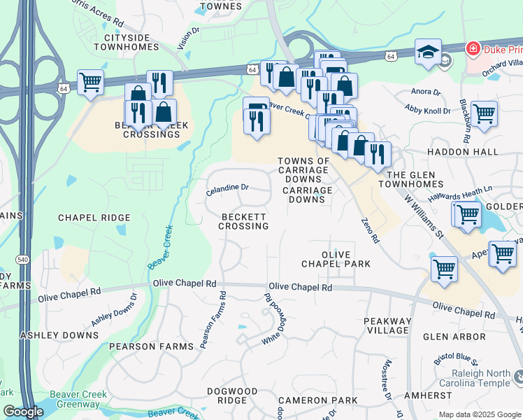 map of restaurants, bars, coffee shops, grocery stores, and more near 1206 Fairfax Woods Drive in Apex