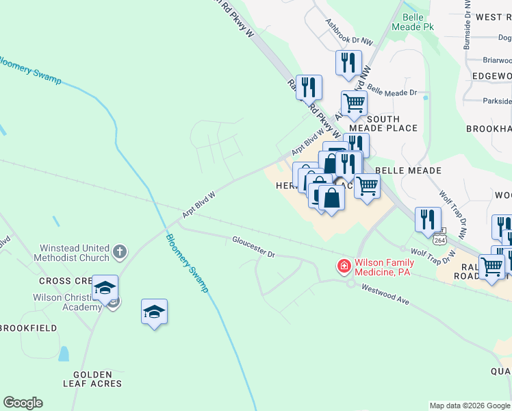 map of restaurants, bars, coffee shops, grocery stores, and more near 3808 Gloucester Drive in Wilson
