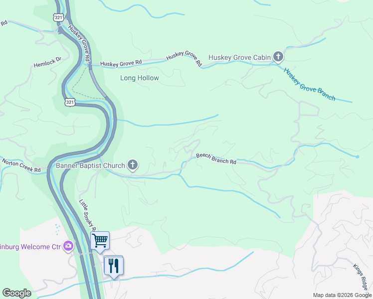 map of restaurants, bars, coffee shops, grocery stores, and more near 282 Beech Branch Road in Gatlinburg