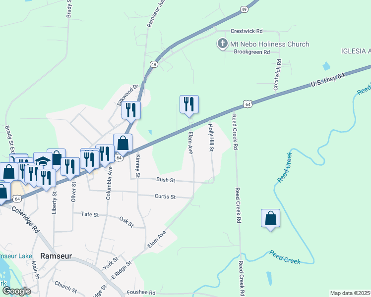 map of restaurants, bars, coffee shops, grocery stores, and more near 306 Elam Avenue in Ramseur